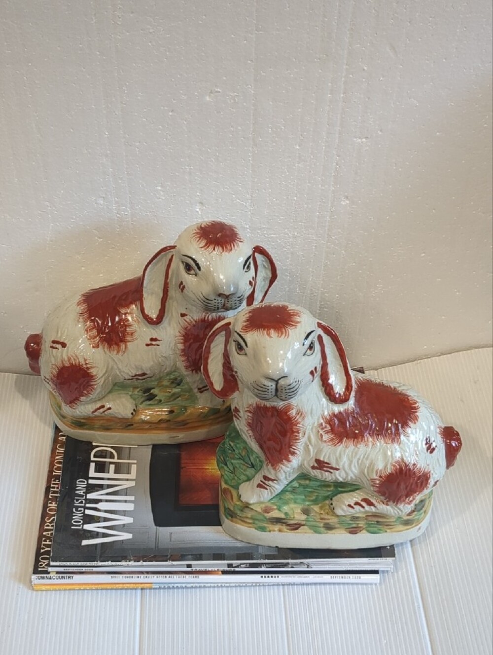 Majolica Staffordshire Ceramic Rabbit Bookends Figurines --2